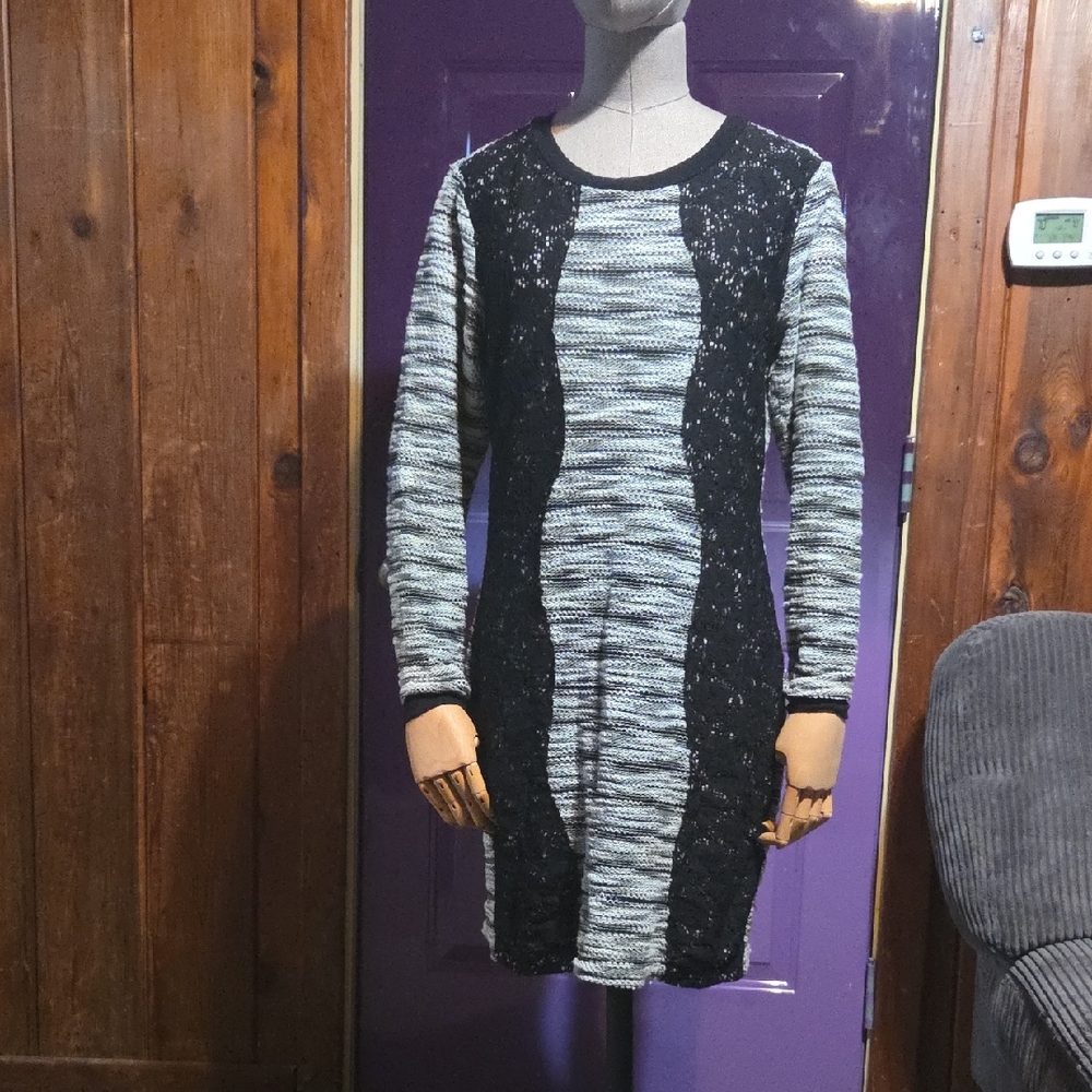 XL Crewneck Sweater Mini Dress Lace Grey Gray Black White Cozy Long Sleeve